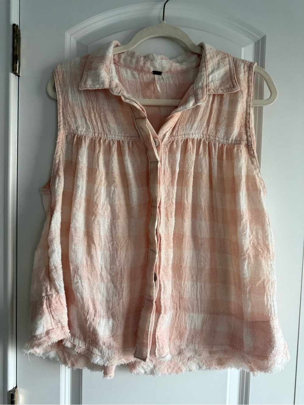 Free People Sleeveless Button-Front Gauze Top w. Light Peach & White Stripes, M